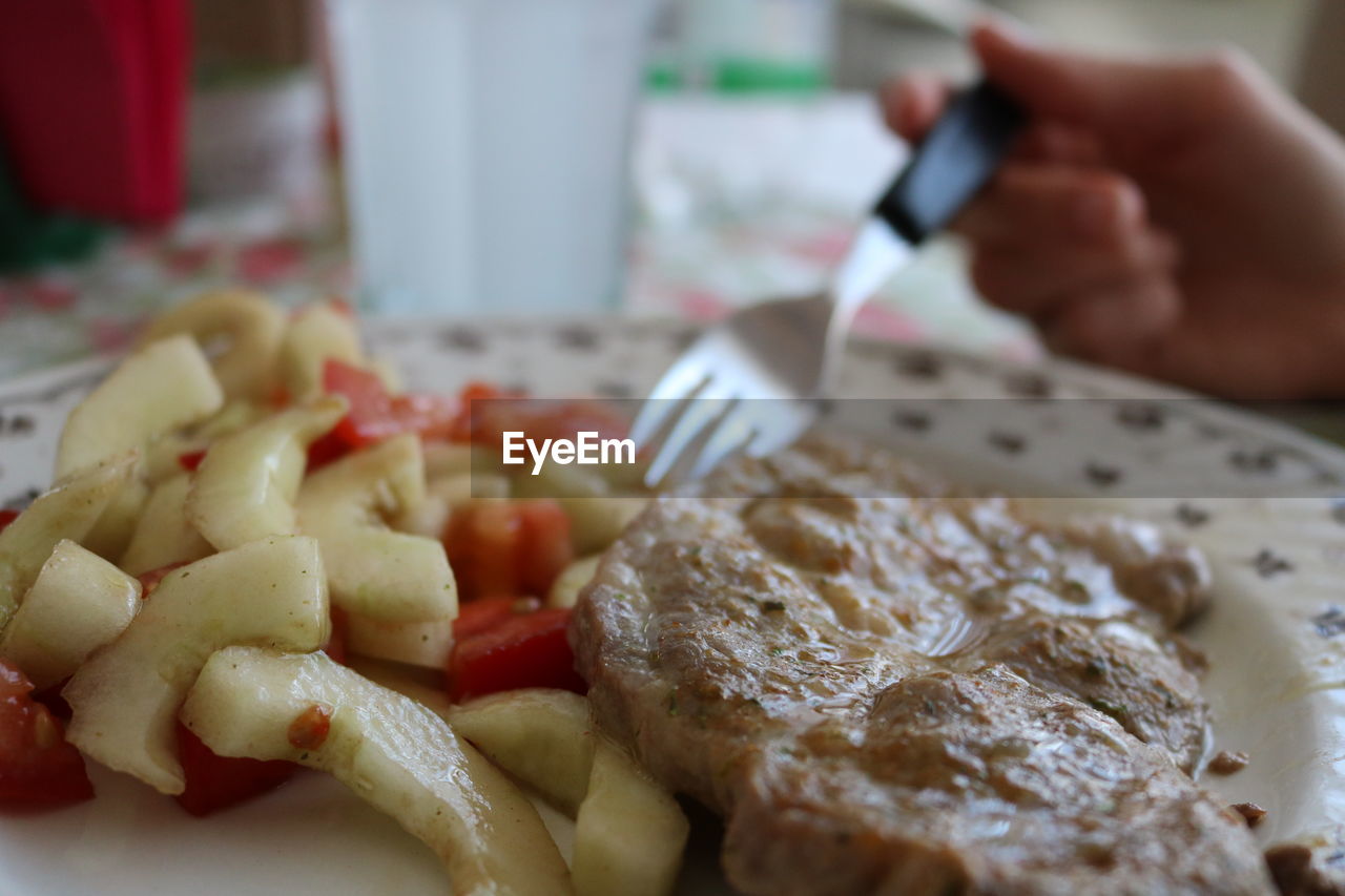 CLOSE-UP OF HAND HOLDING MEAT