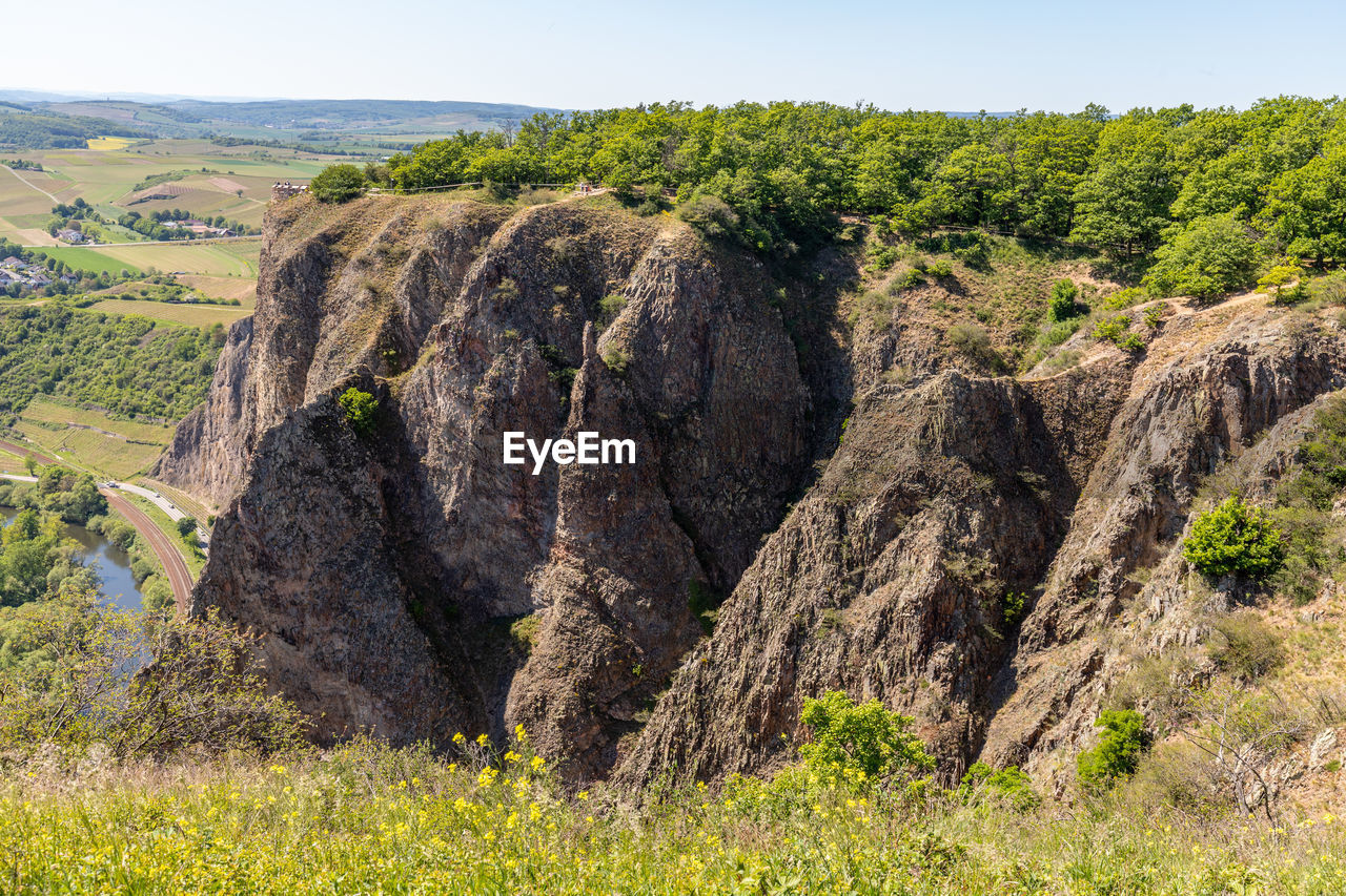 Wide angle view at landscape with rock massif from rotenfels, bad muenster am stein