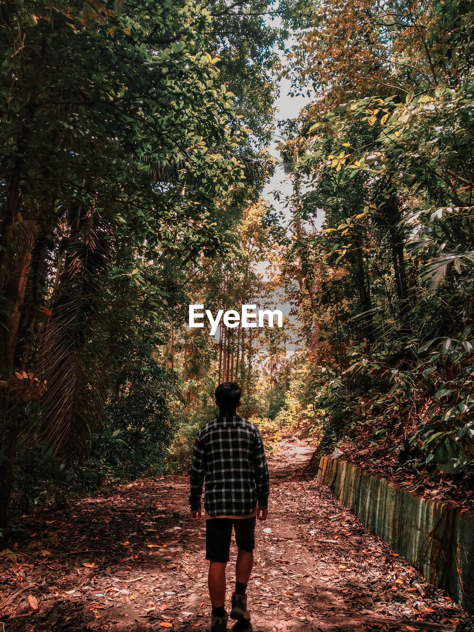 FULL LENGTH REAR VIEW OF MAN WALKING ON FOOTPATH