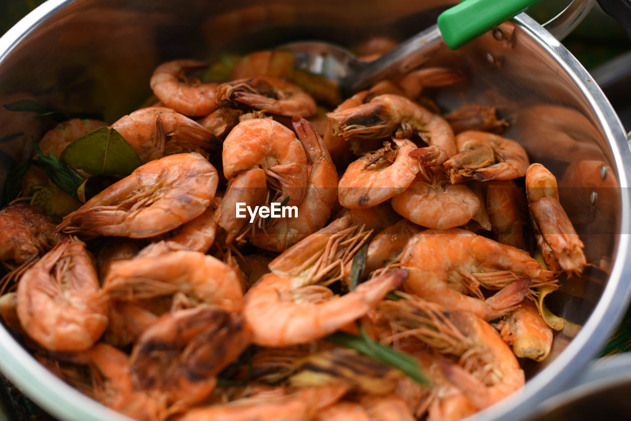 high angle view of seafood in container