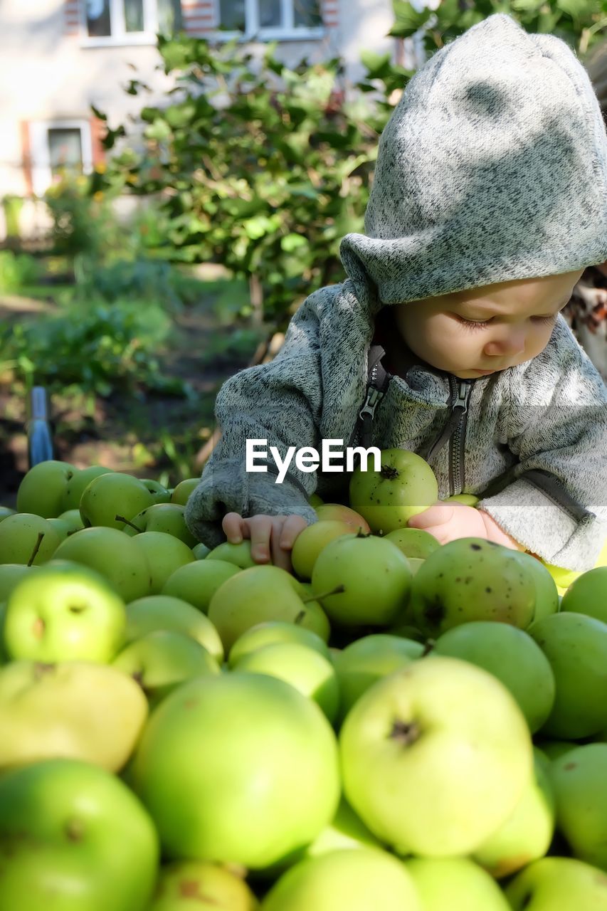 Close-up of baby girls on fruits