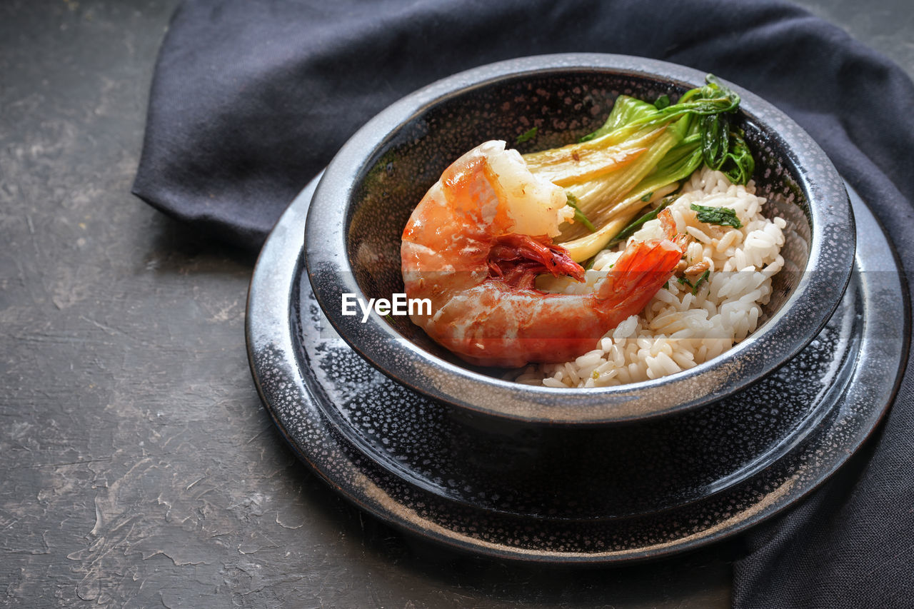 high angle view of soup in bowl on table