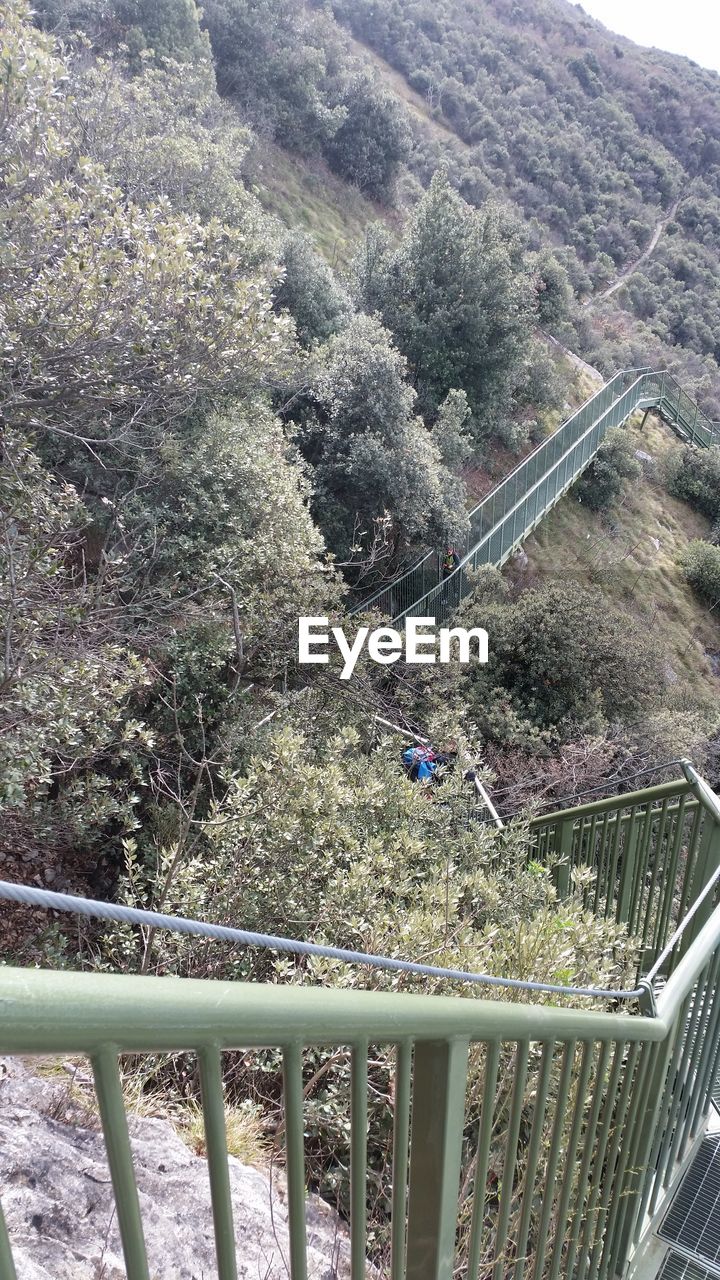 High angle view of footbridge on mountain