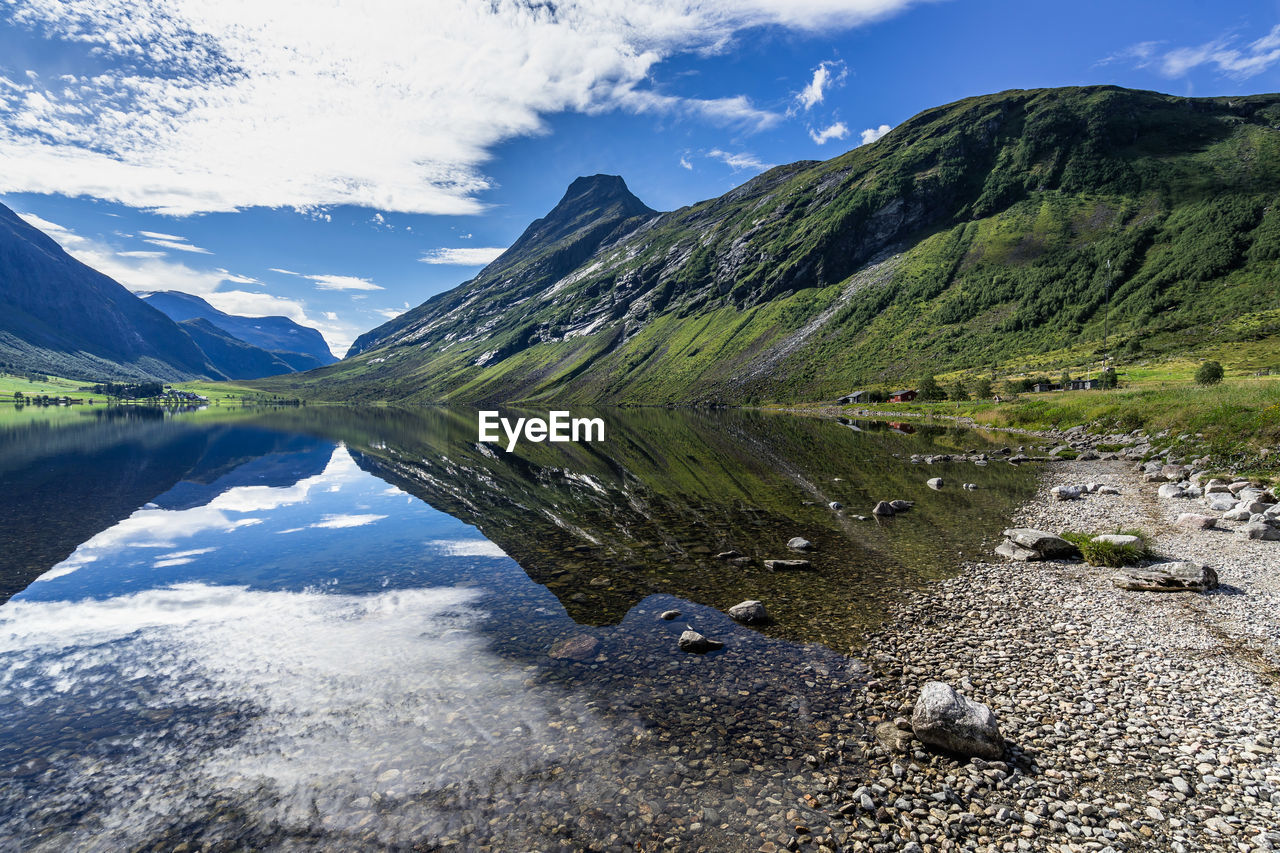 Scenic view of lake by mountains against sky