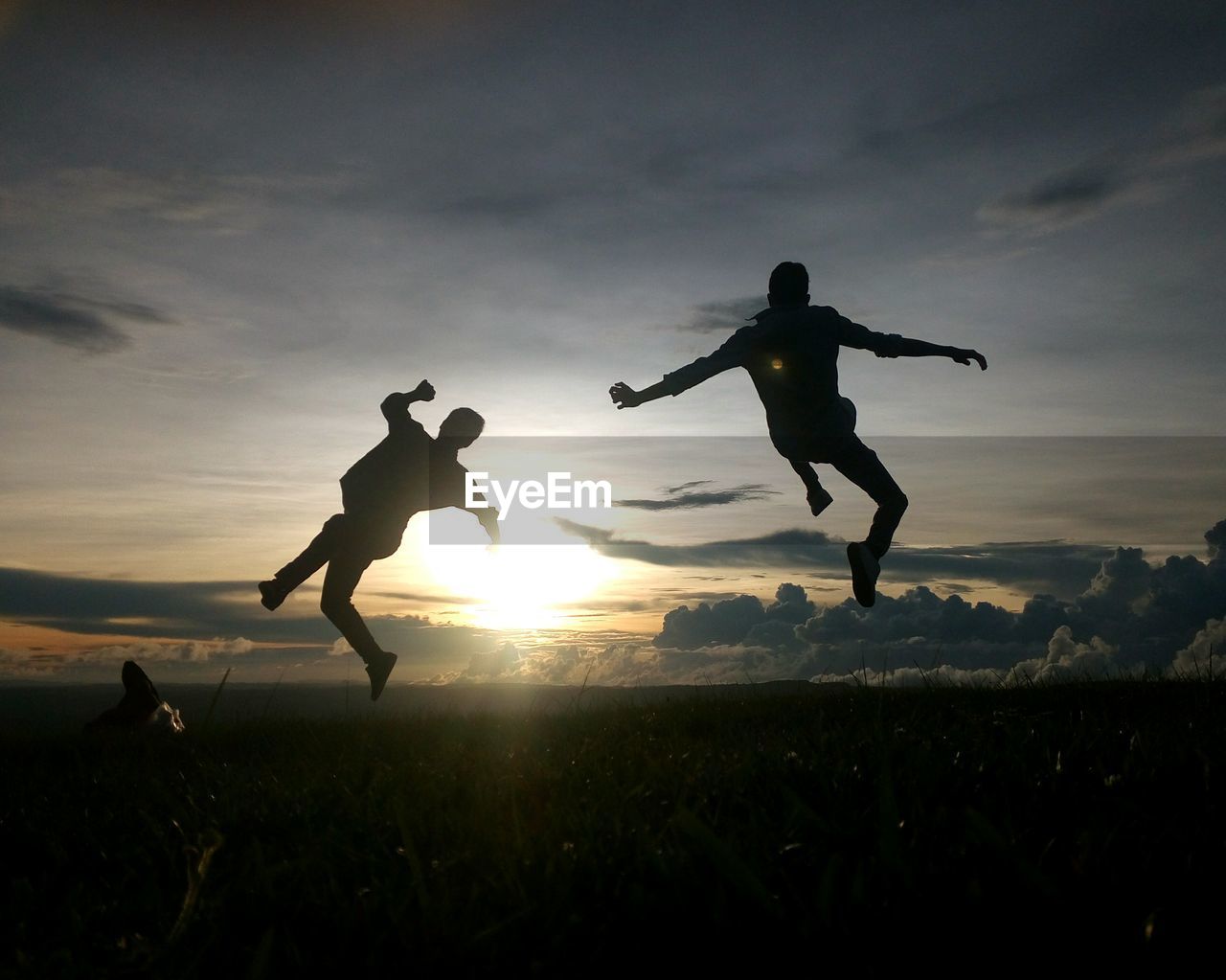 Silhouette male friends jumping against sky during sunset