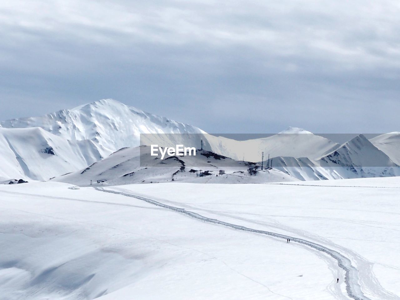 Scenic view of snow covered mountains against sky