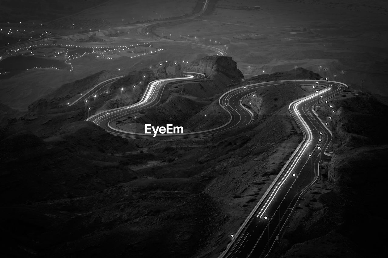 High angle view of winding road at night