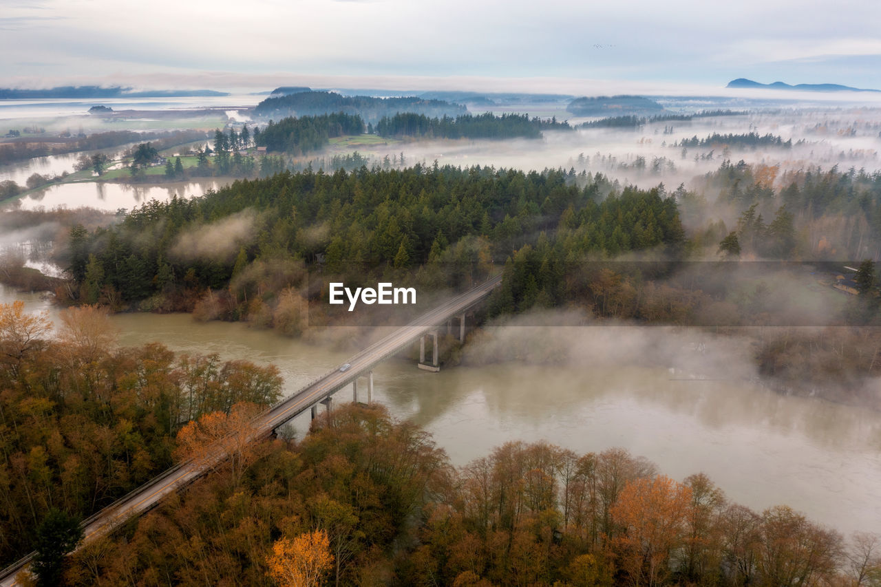 North fork bridge, skagit valley, washington. aerial view of north fork bridge on a foggy morning.