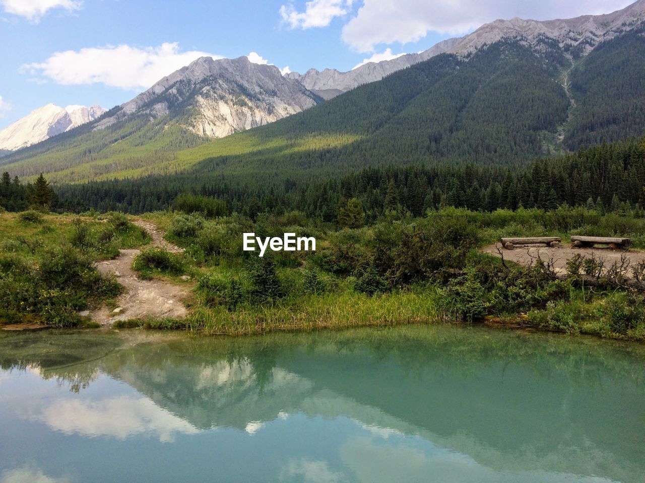 Scenic view of lake and mountains against sky