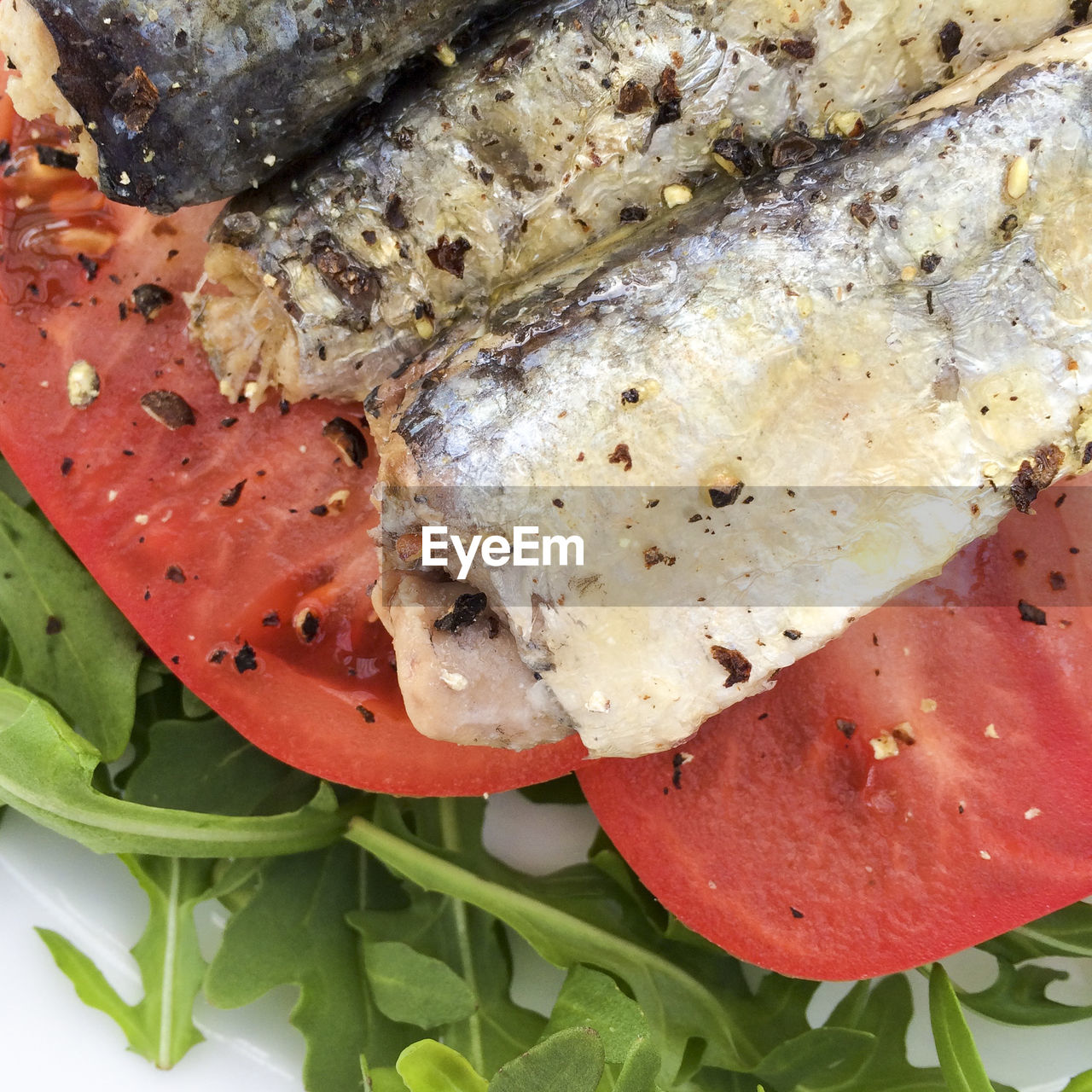 High angle view of sardines over salad in plate