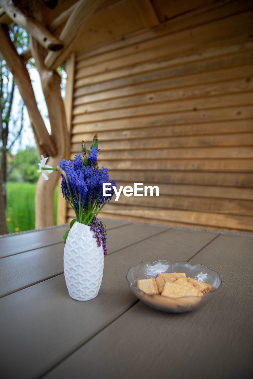 CLOSE-UP OF PURPLE FLOWER IN VASE ON TABLE