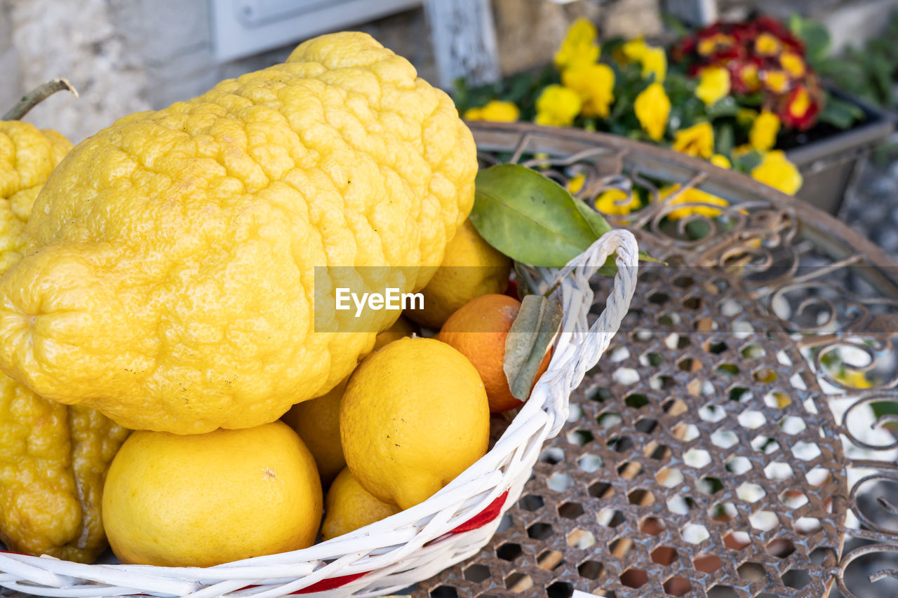 High angle view of citrus fruits like lemons and lime 