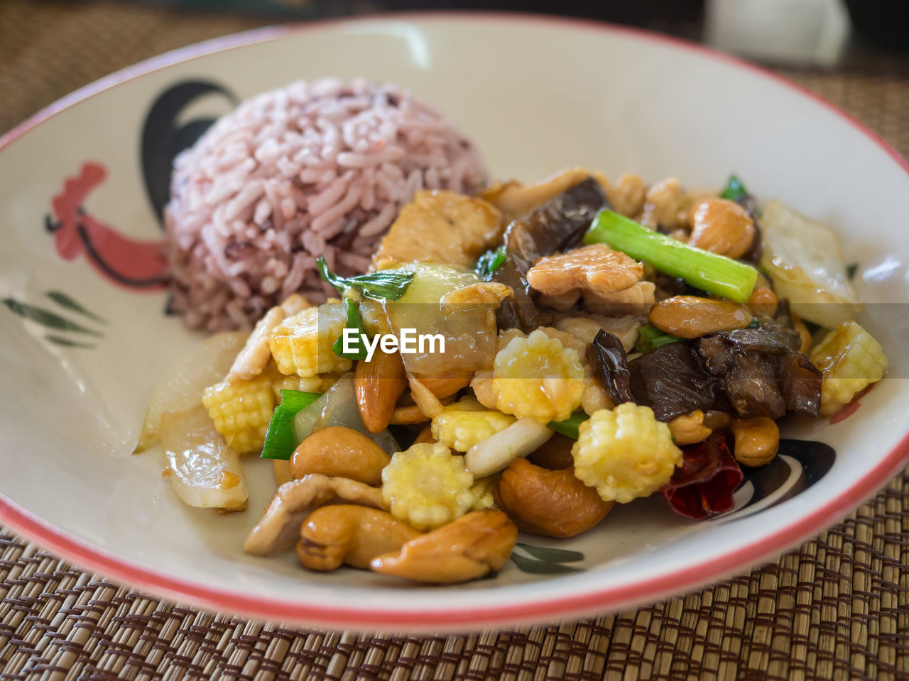 Close-up of thai cashew chicken with steamed rice served in plate