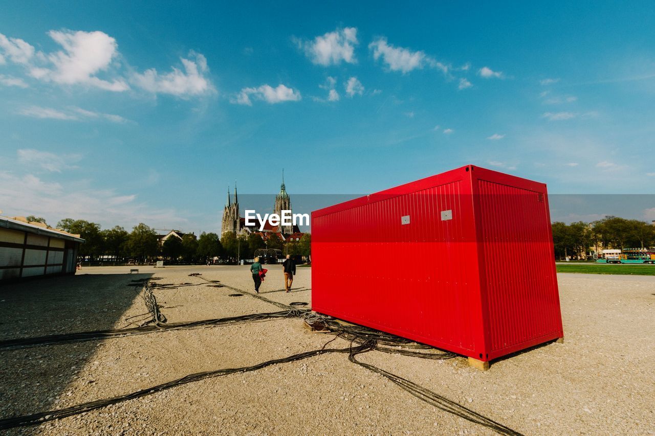 Red container on field