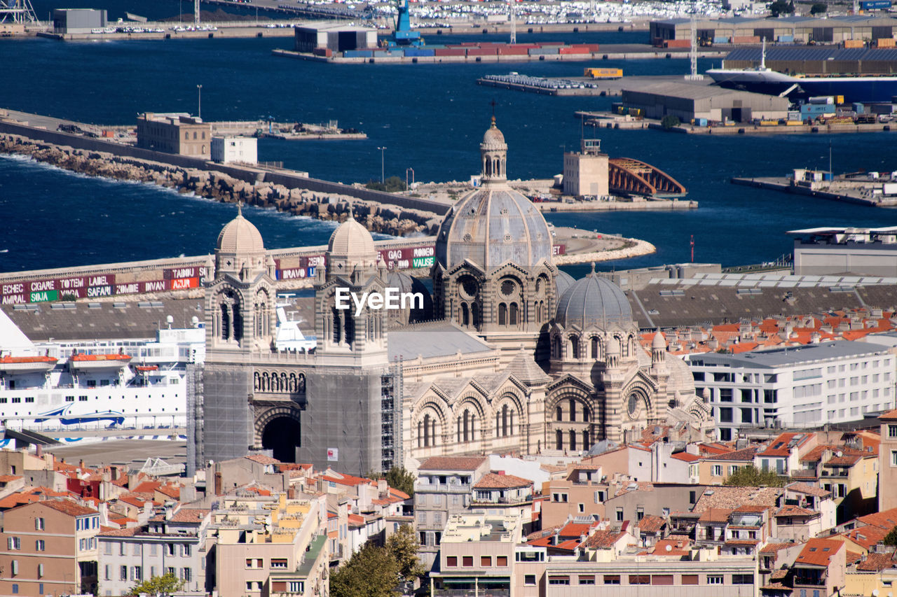 High angle view of buildings in city