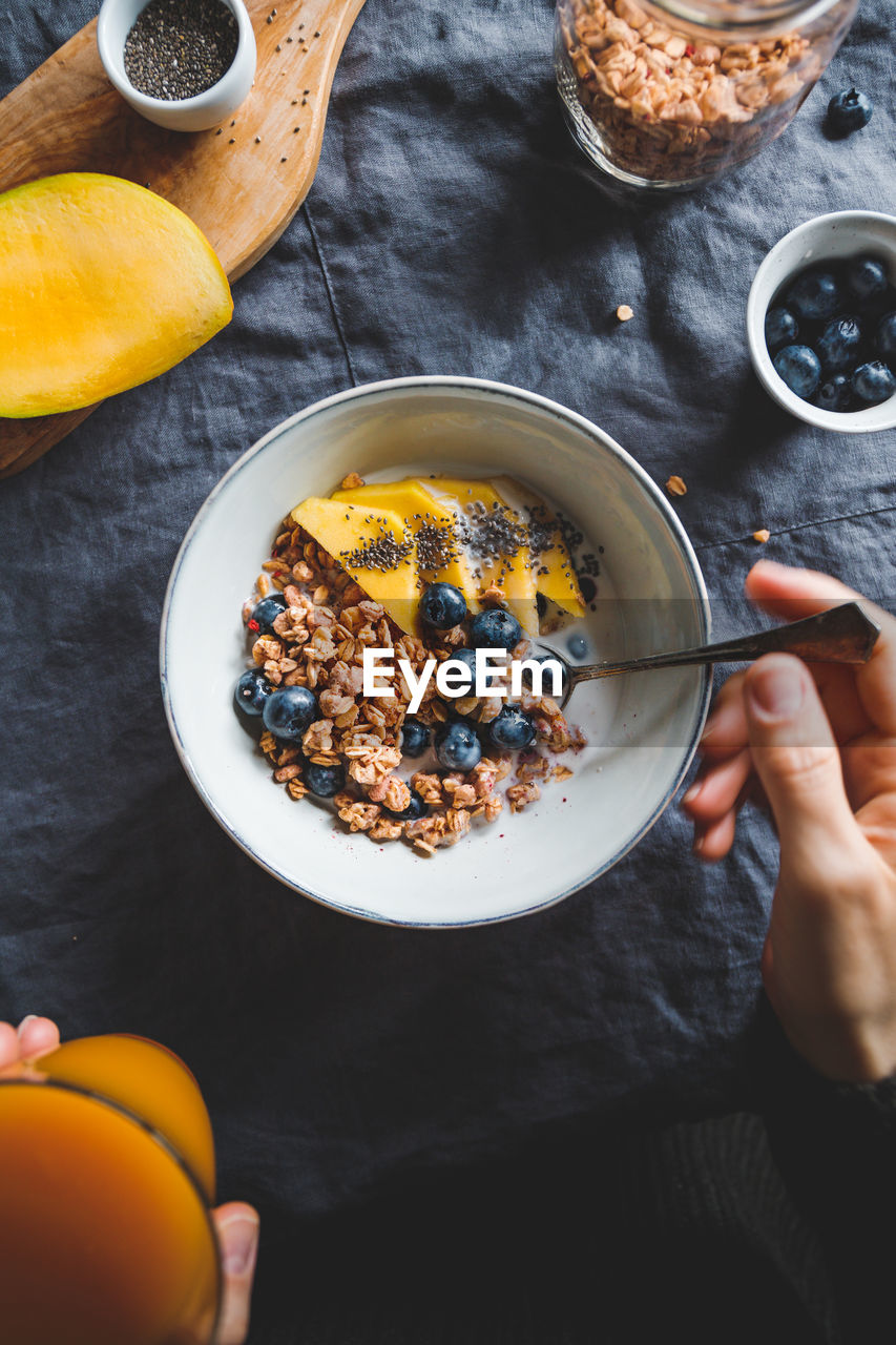 High angle view of breakfast on table