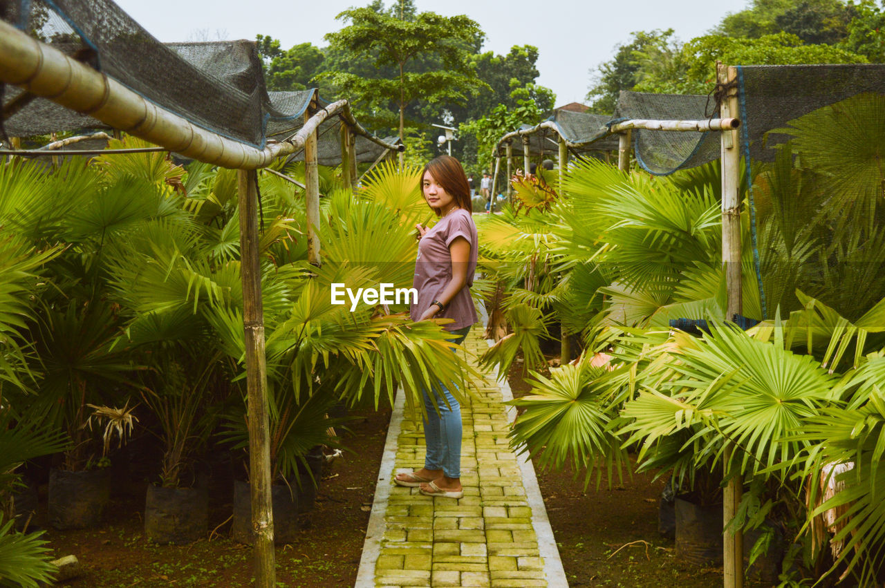 Portrait of woman standing by plants