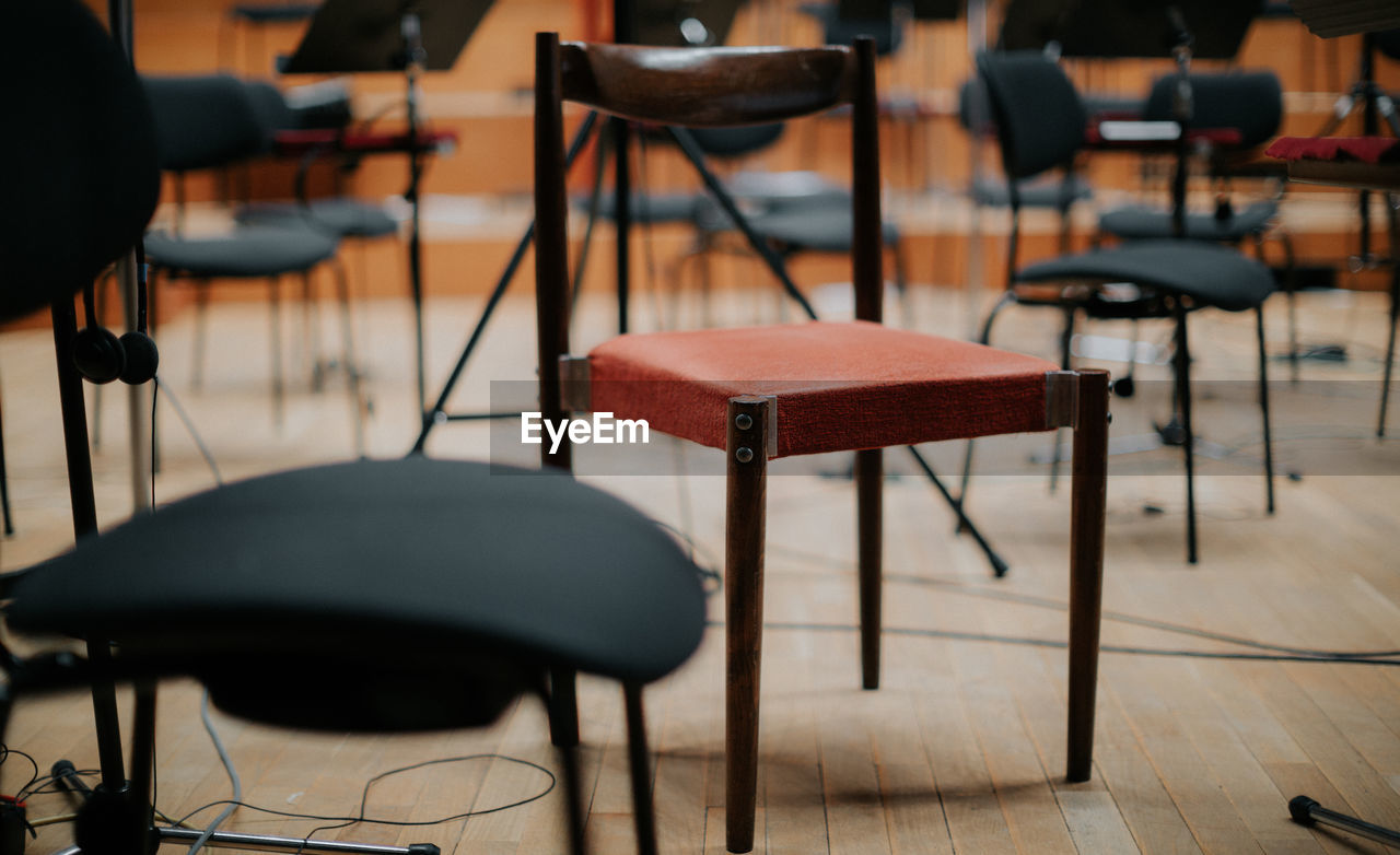 Close-up of chairs on hardwood floor