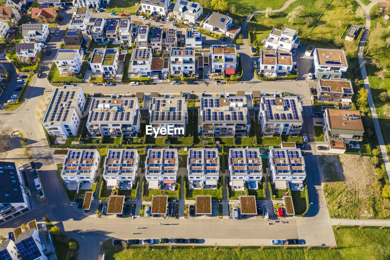 Germany, baden-wurttemberg, waiblingen, aerial view of modern suburb with energy efficient single and multi family houses