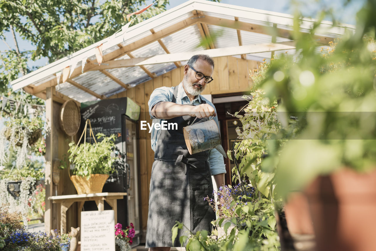 Mature store owner watering plants in garden against shop