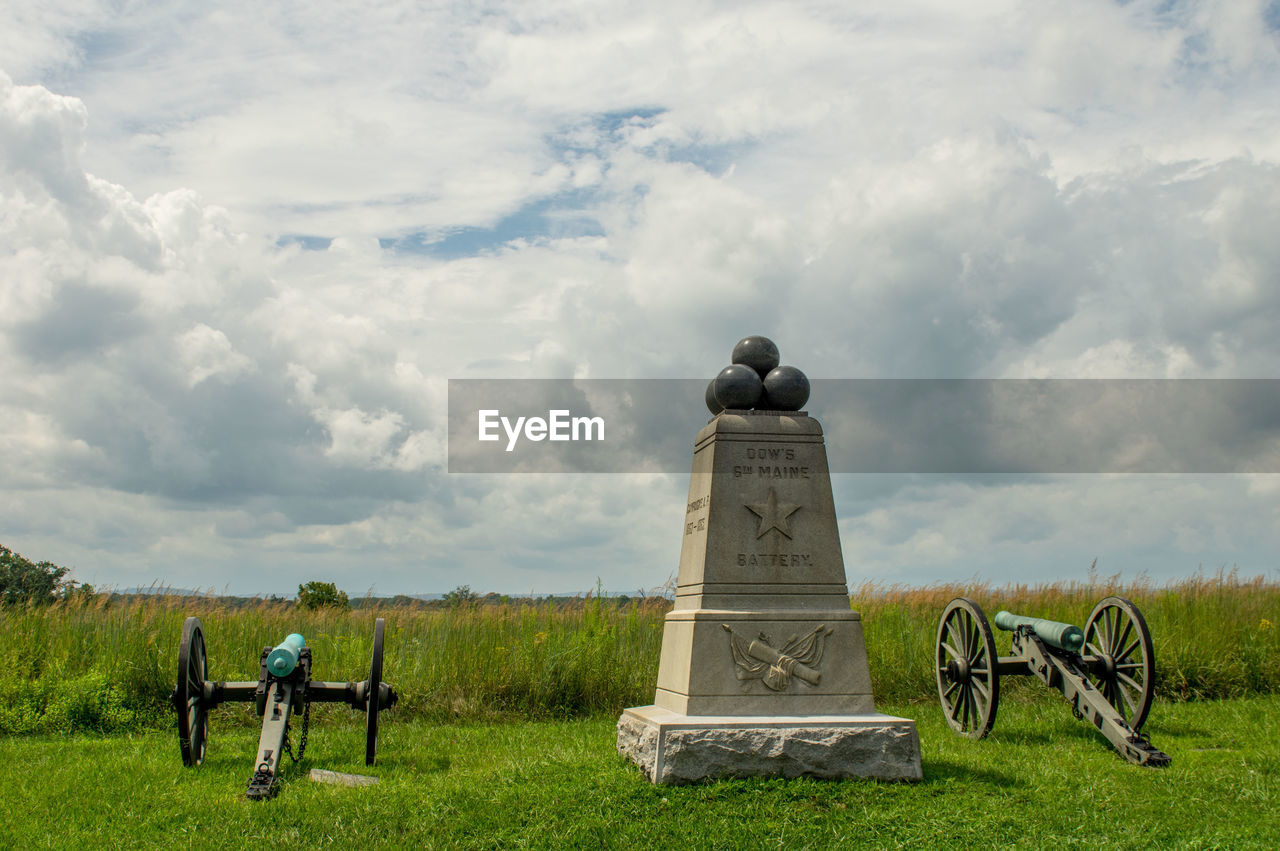 Historical monument and cannons on field against cloudy sky