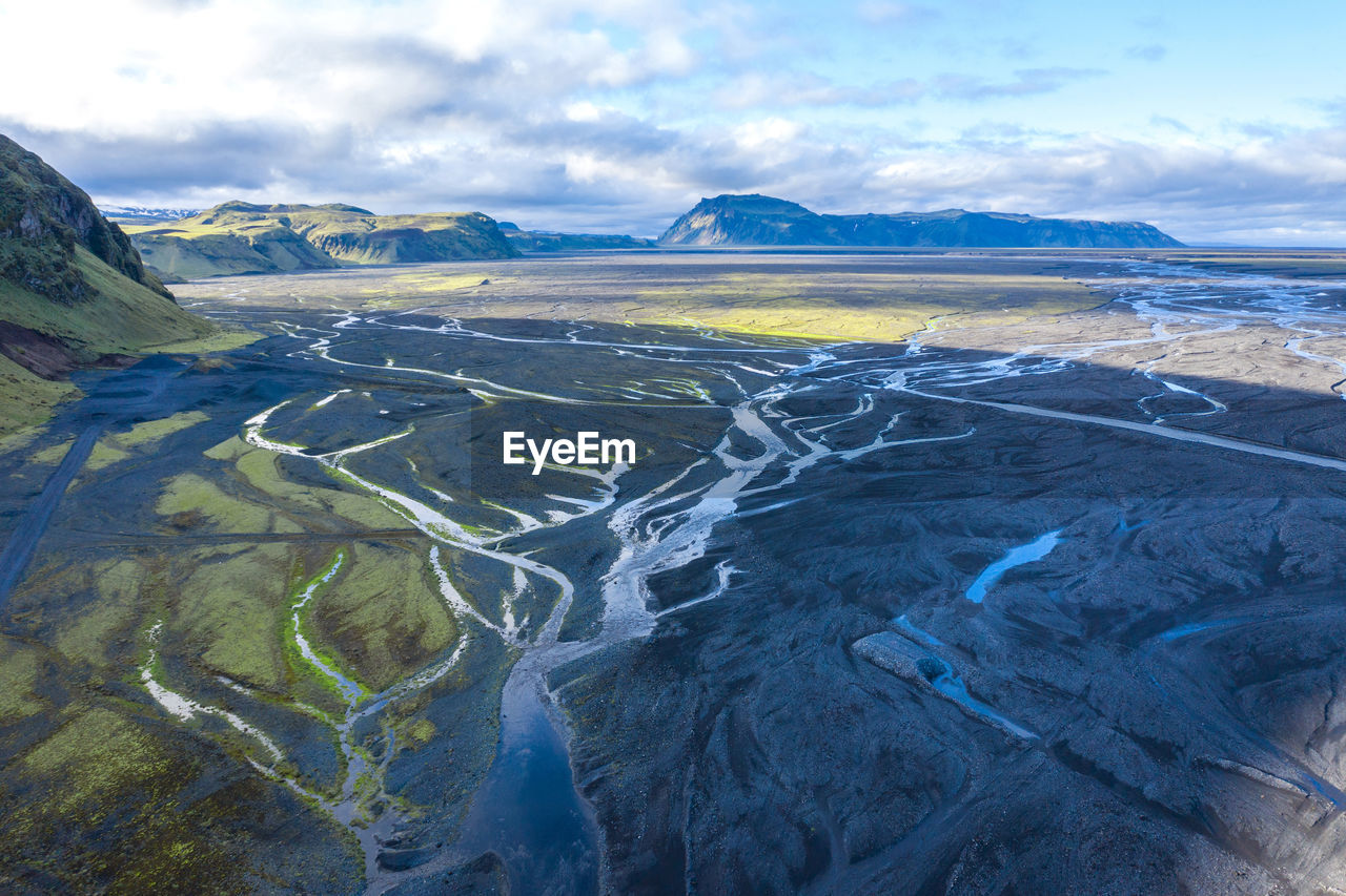 Aerial view of snow on landscape