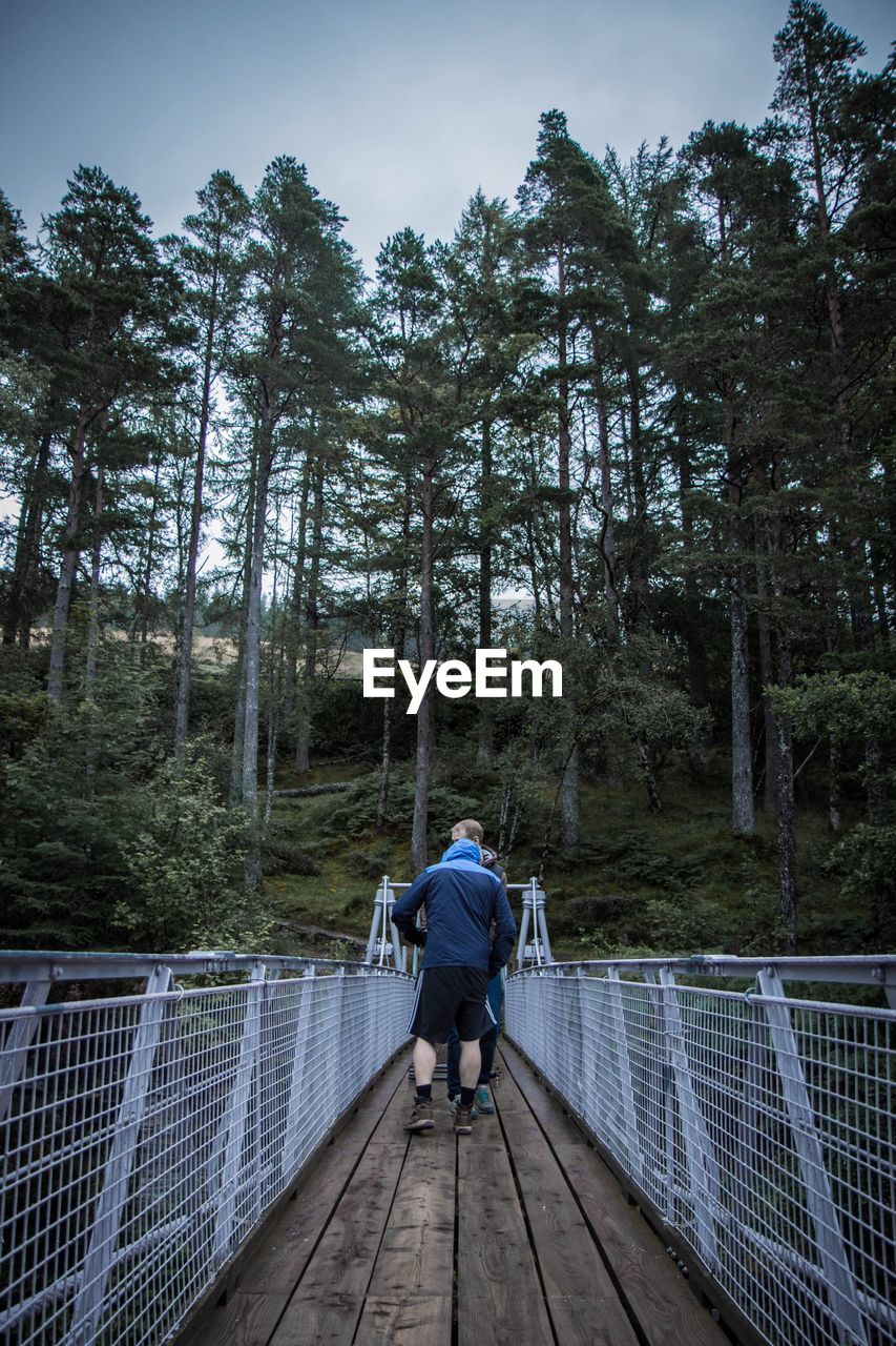 People standing on footbridge at forest