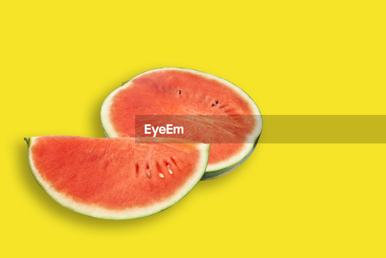 Watermelon slices on yellow background