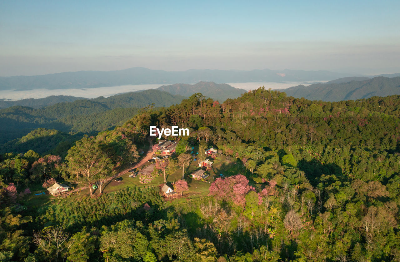 Aerial view of doi mae taman, san pa kia. mountains sea of mist, doi mae taman, san pa kia. 