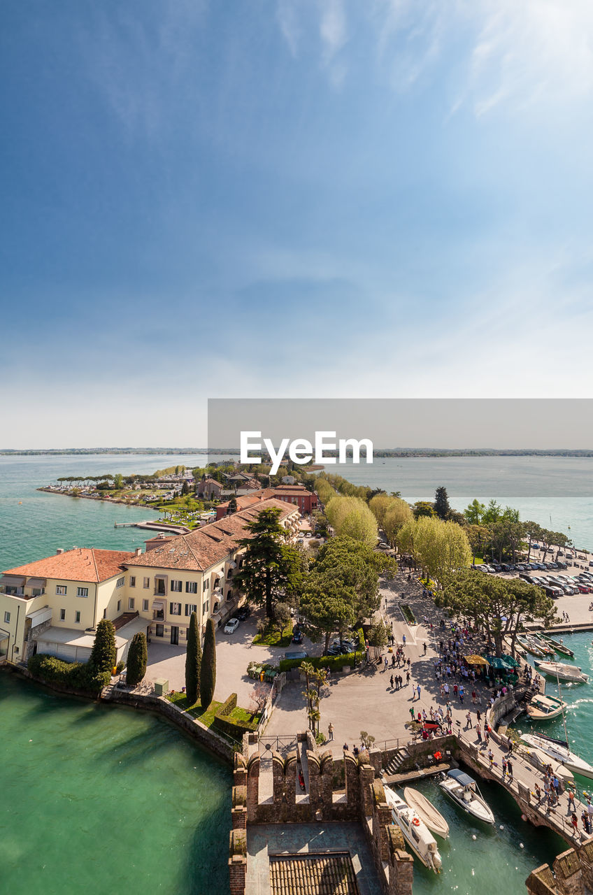 High angle view of buildings amidst sea