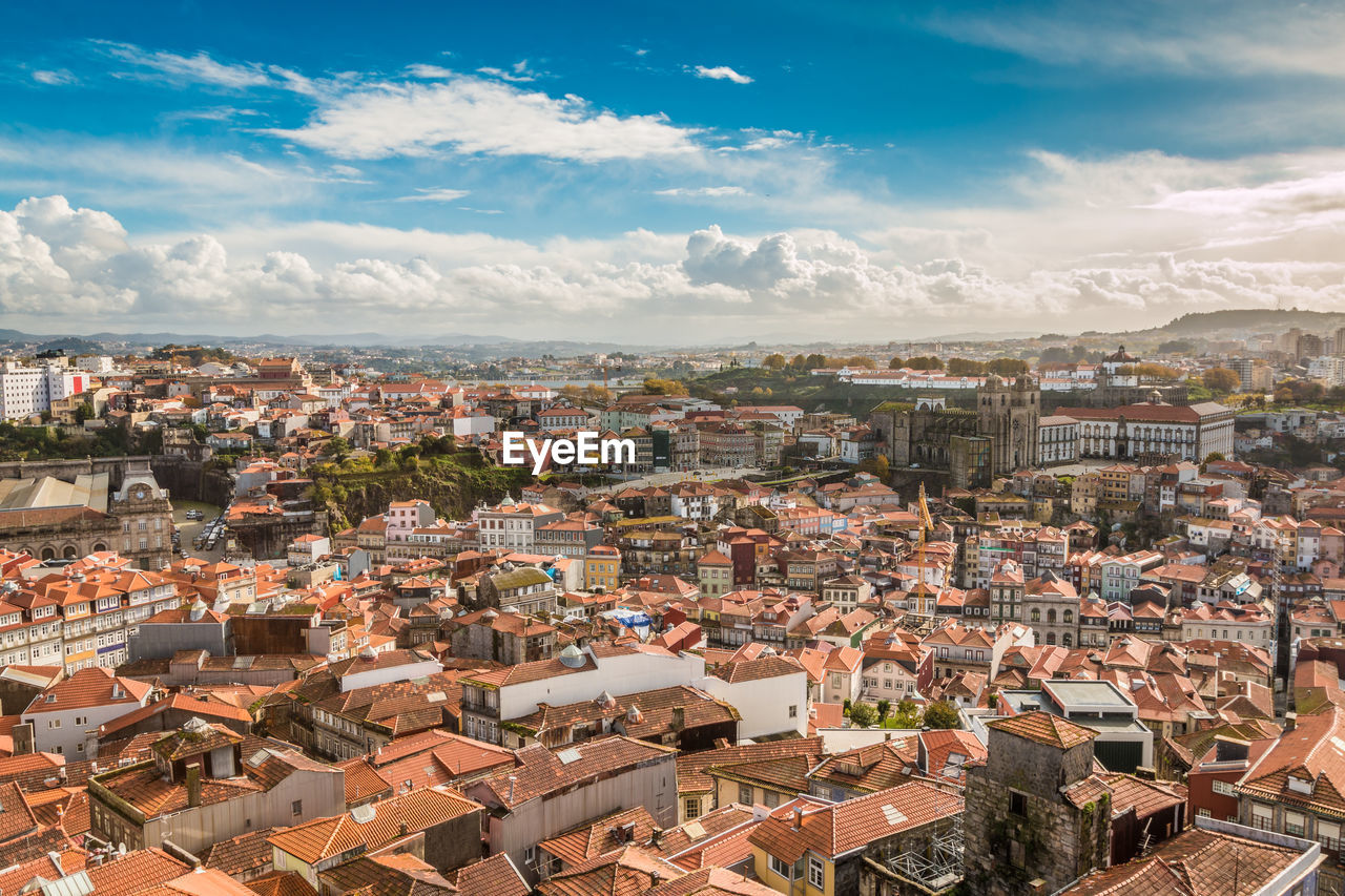 High angle shot of townscape against sky