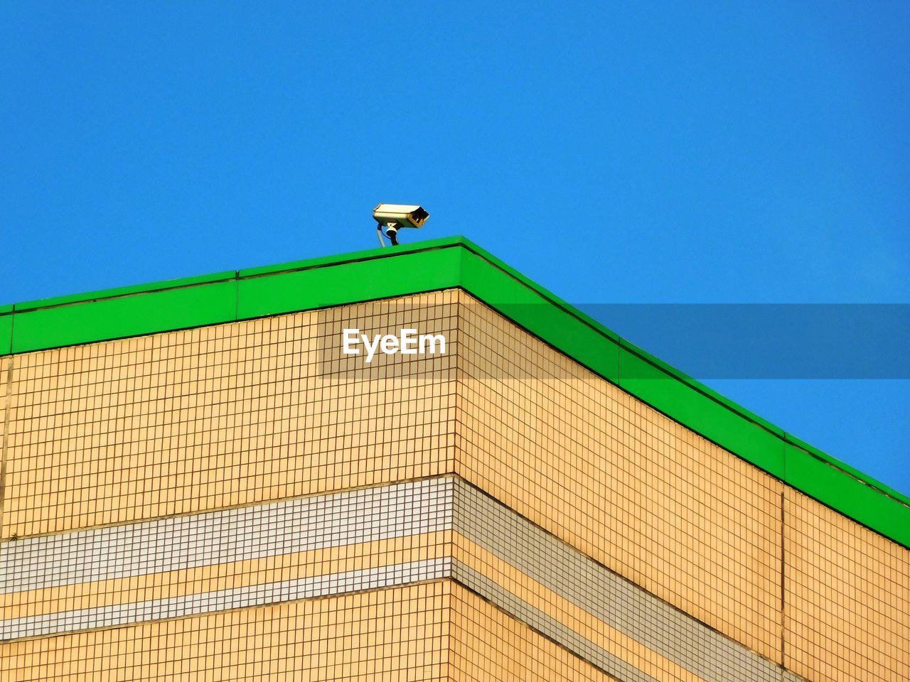 LOW ANGLE VIEW OF BIRD ON BUILDING ROOF AGAINST CLEAR SKY