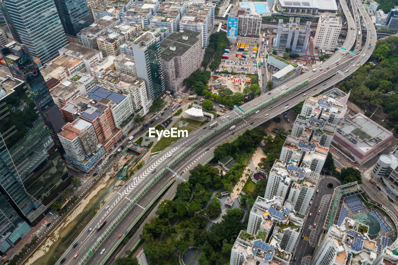 High angle view of city street and buildings