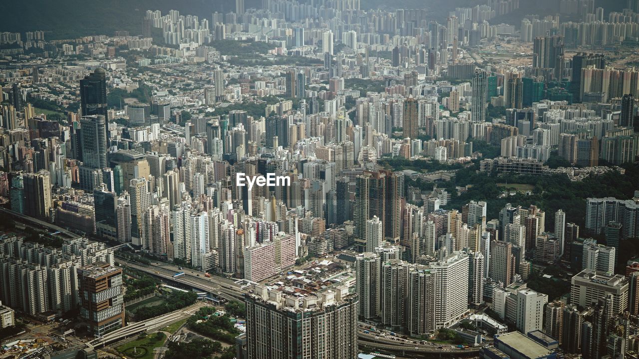 High angle view of buildings at kowloon in city