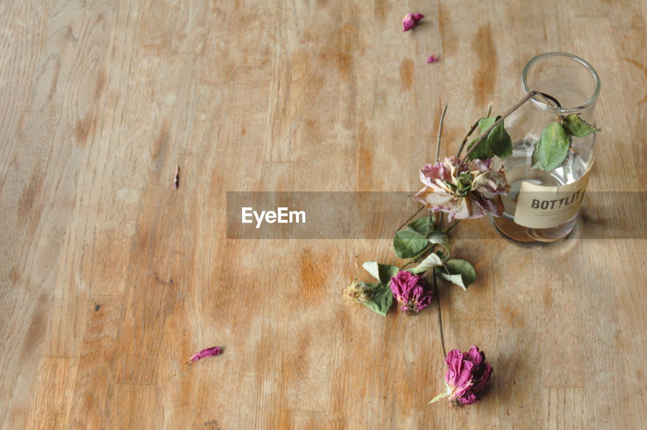 HIGH ANGLE VIEW OF ROSE ON TABLE AGAINST WALL