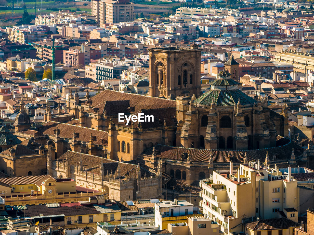 High angle view of buildings in city