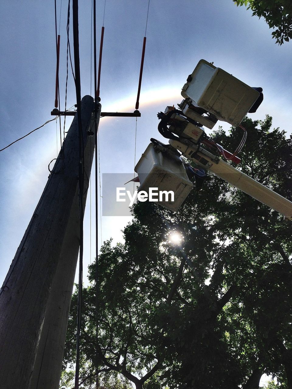 Low angle view of electricity pylon and crane by tree against sky