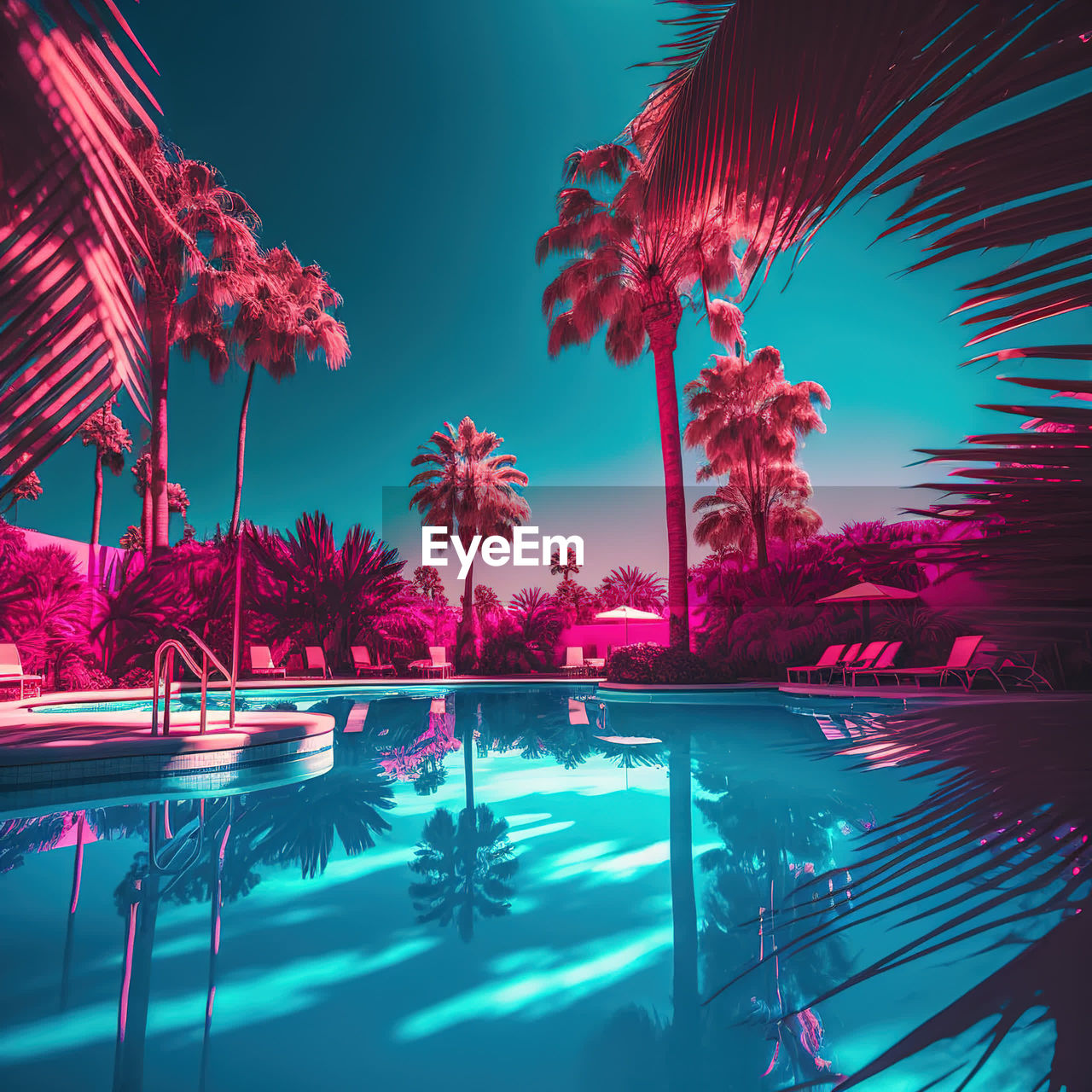 water, palm tree, tree, nature, tropical climate, reflection, plant, sky, beauty in nature, travel destinations, no people, night, swimming pool, holiday, tranquility, outdoors, blue, travel, tranquil scene, scenics - nature, red, screenshot, illuminated
