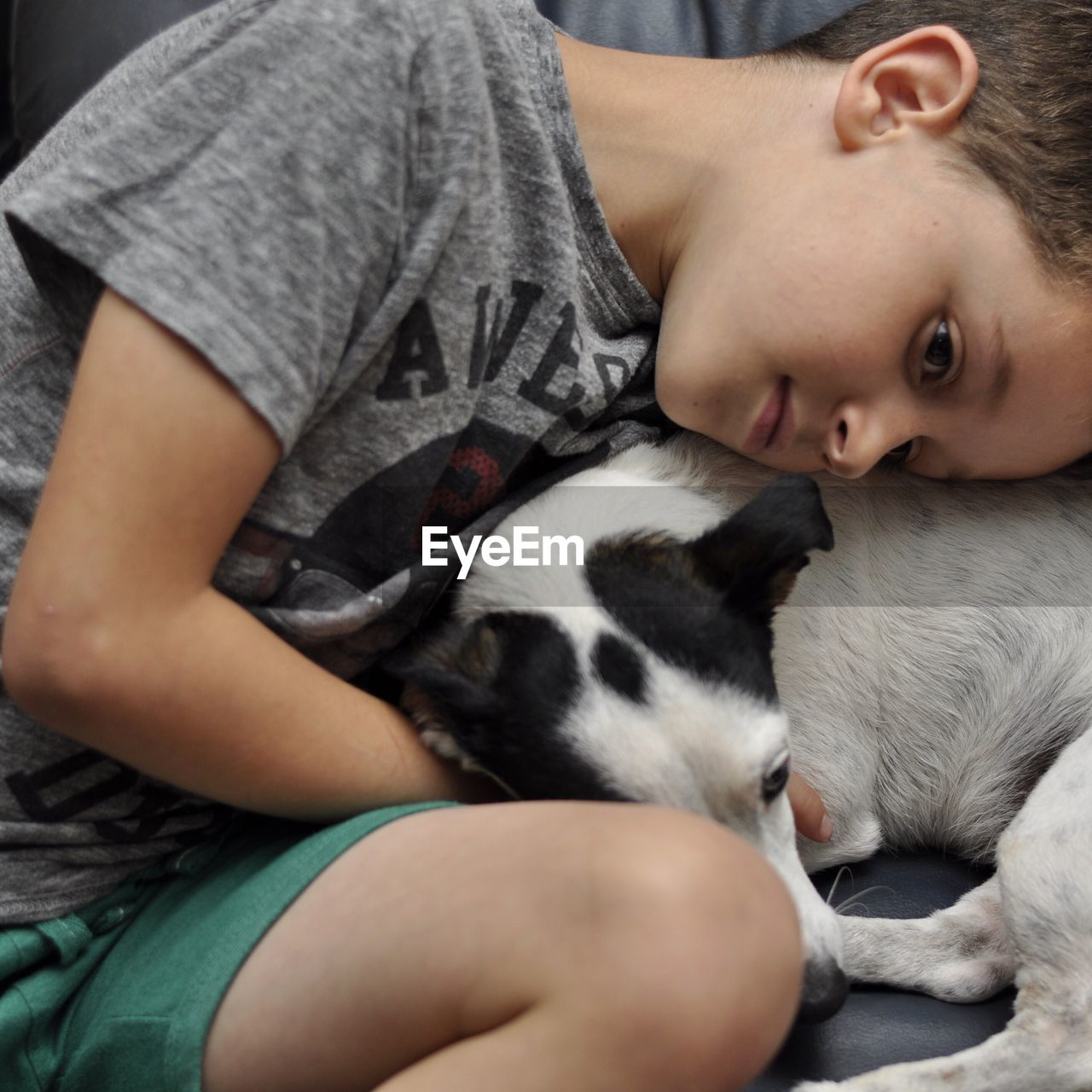 Boy sitting with dog at home