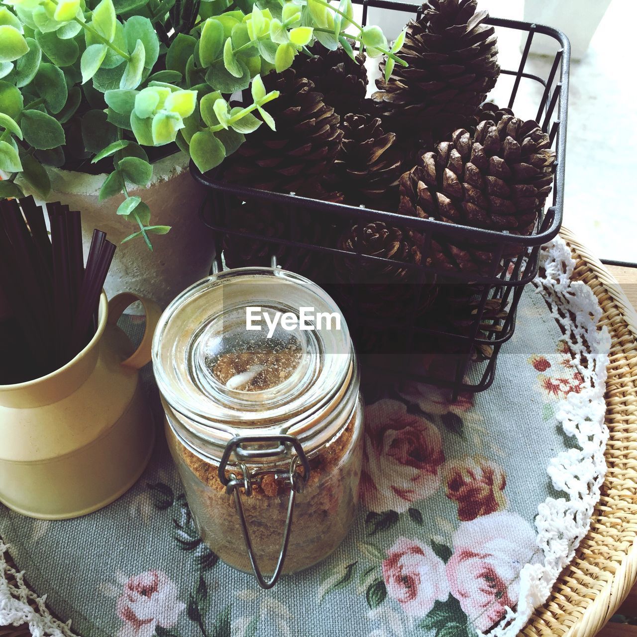 CLOSE-UP OF PLANTS IN JAR ON TABLE