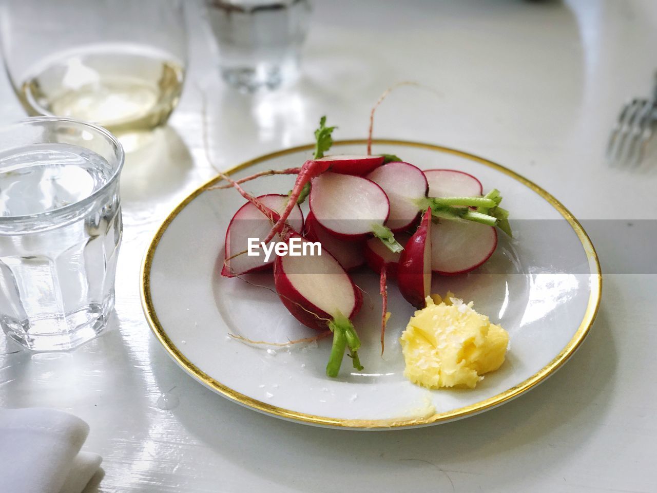 High angle view of radish in plate on table