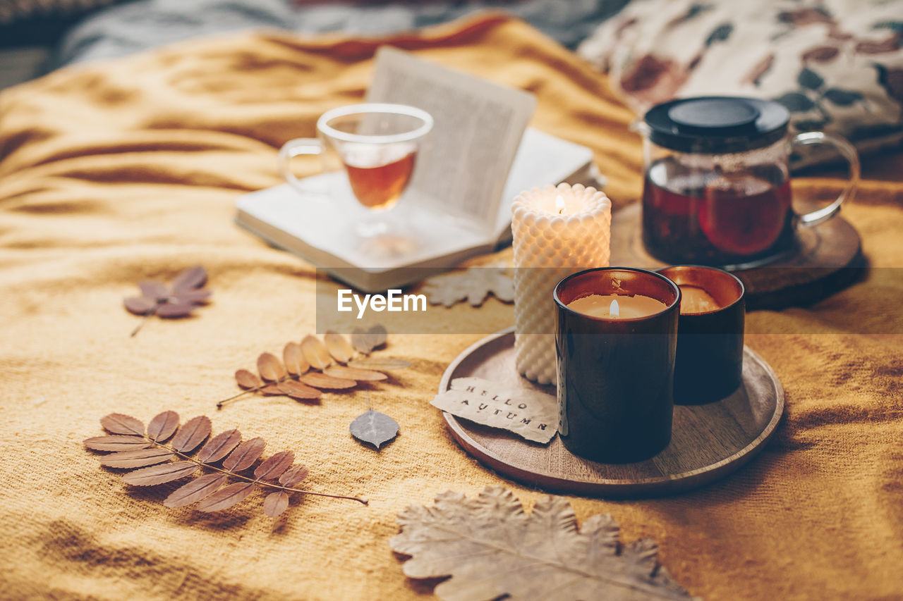 high angle view of coffee and drink on table