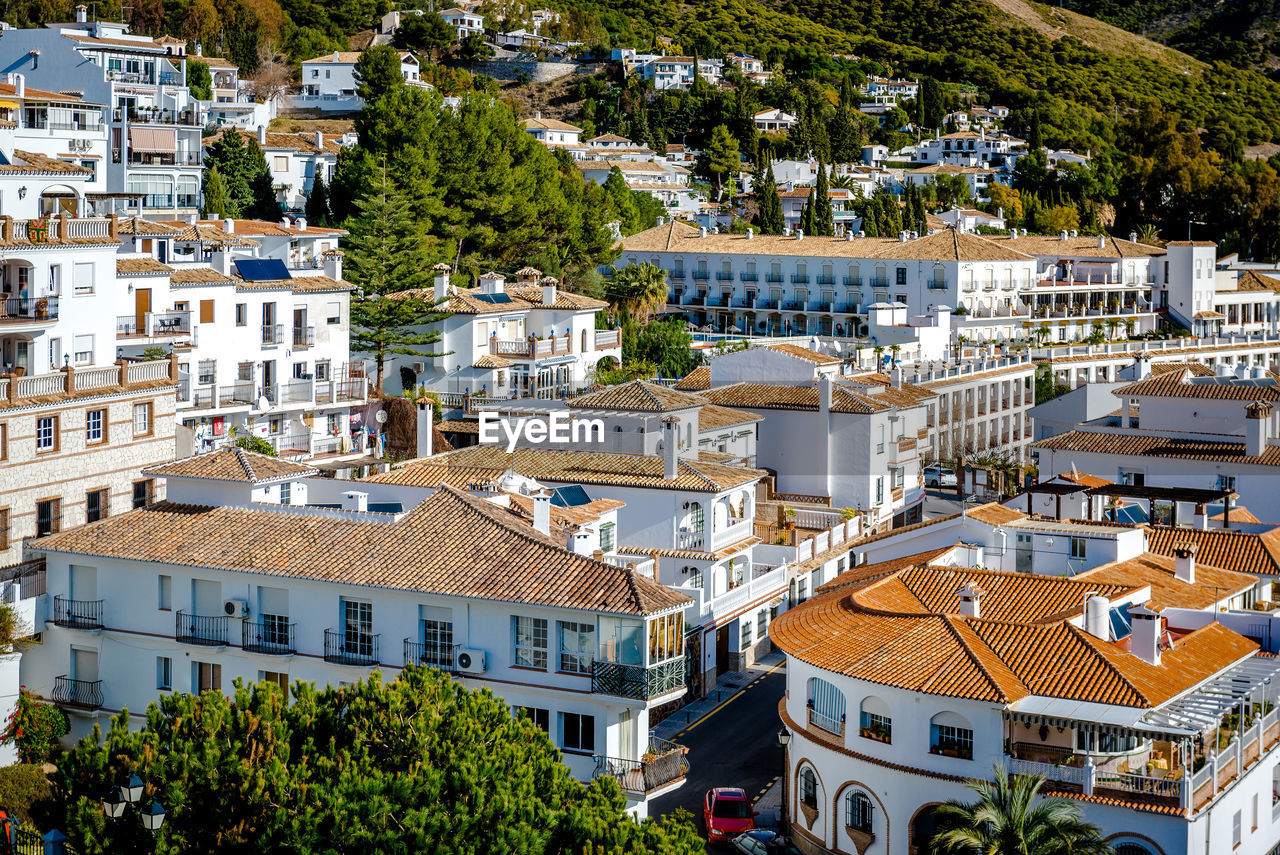 High angle view of houses in city