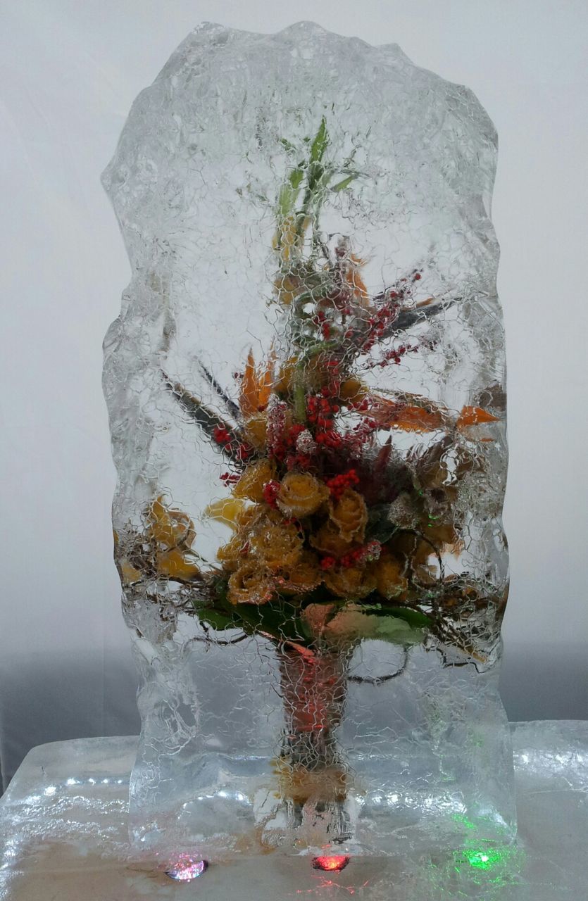 Bouquet of flowers in ice