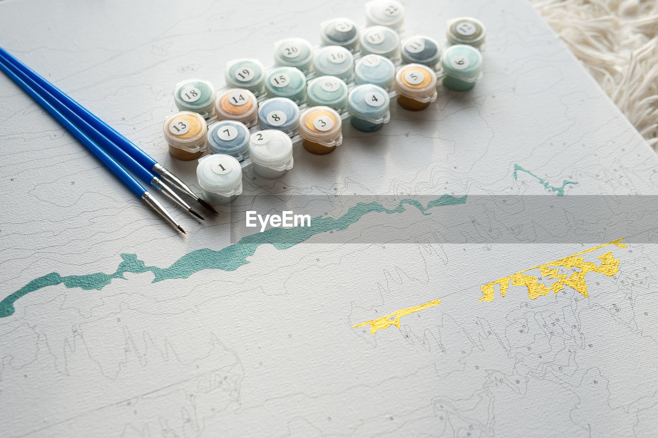 high angle view of medicines on table