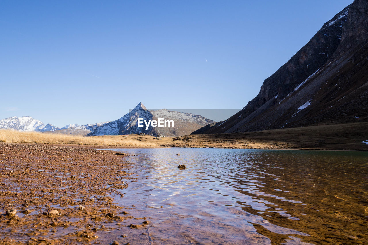 Scenic view of lake and snowcapped mountains against clear sky