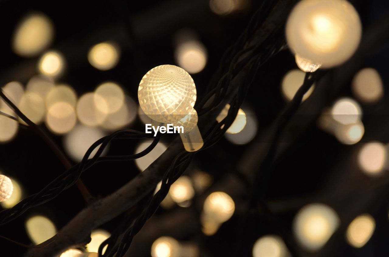 Close-up of illuminated light bulbs hanging outdoors at night