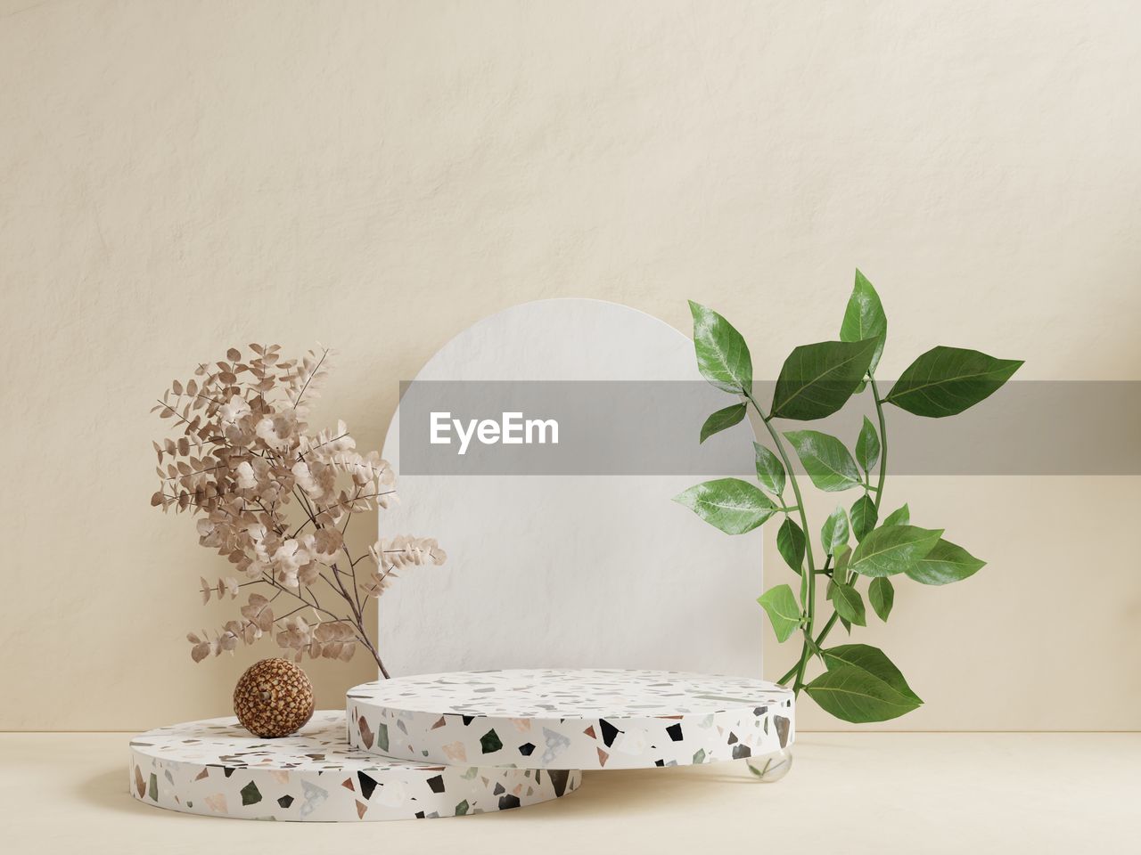 Mockup terrazzo podium for product presentation on cream color pastel background.3d rendering