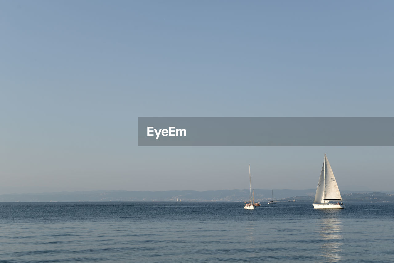 Sailboats sailing in sea against clear blue sky