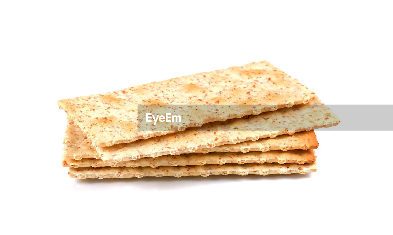 HIGH ANGLE VIEW OF BREAD ON WHITE BACKGROUND